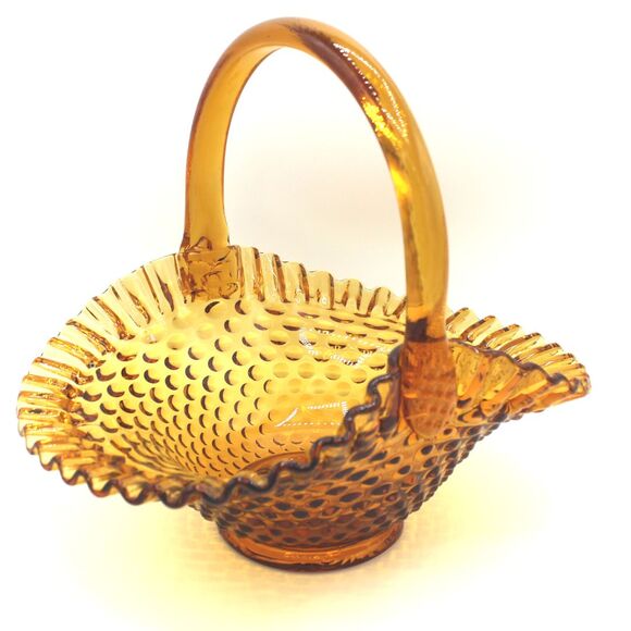 Vintage Large Fenton Amber Gold Glass Basket Ruffled Edge Hobnail Pattern 9" - Picture 3 of 8